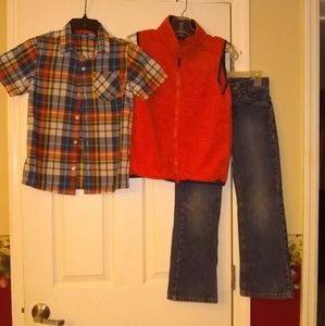 Lot of 3 Boys LL Bean Fleece Vest, French Toast Plaid Shirt, and Wrangler Jeans